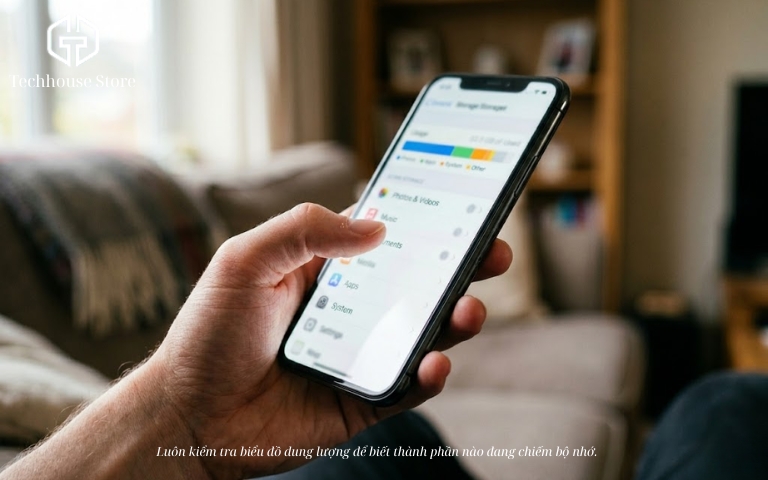 Cách giải phóng dung lượng iPhone nhanh, an toàn và hạn chế mất dữ liệu Ảnh chụp cận cảnh bàn tay đang cầm iPhone, trên màn hình hiển thị mờ giao diện biểu đồ vạch ngang nhiều màu sắc đại diện cho các mức dung lượng của hệ thống.