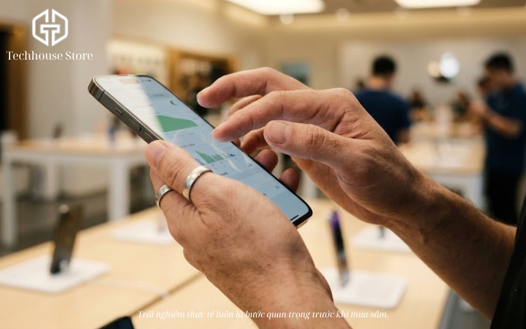 Tổng hợp dung lượng pin iPhone các đời và gợi ý chọn máy phù hợp Một người đang cầm và trải nghiệm chiếc điện thoại tại cửa hàng công nghệ, kiểm tra kỹ màn hình trước khi quyết định mua sắm.