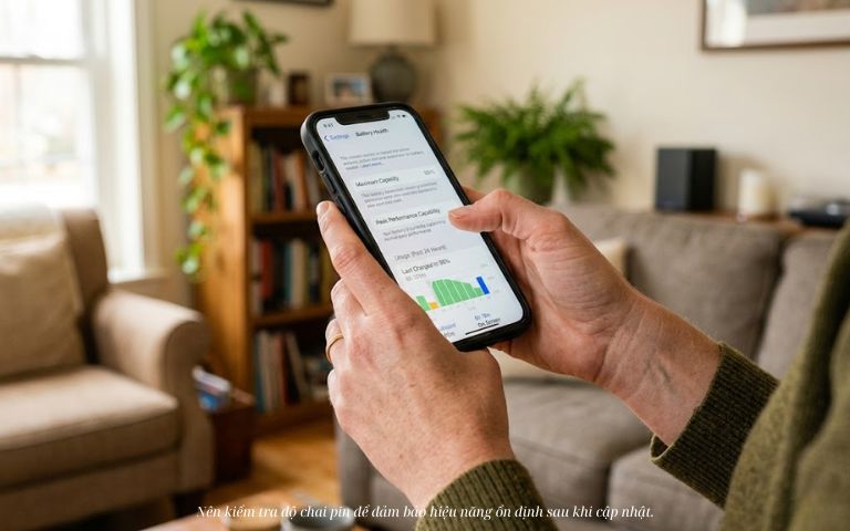 iOS 26 hỗ trợ iPhone nào? Danh sách máy được cập nhật và lời khuyên nâng cấp Bàn tay một người đang cầm điện thoại iPhone mở phần cài đặt hệ thống để xem phần trăm dung lượng tối đa và tình trạng sức khỏe của pin.