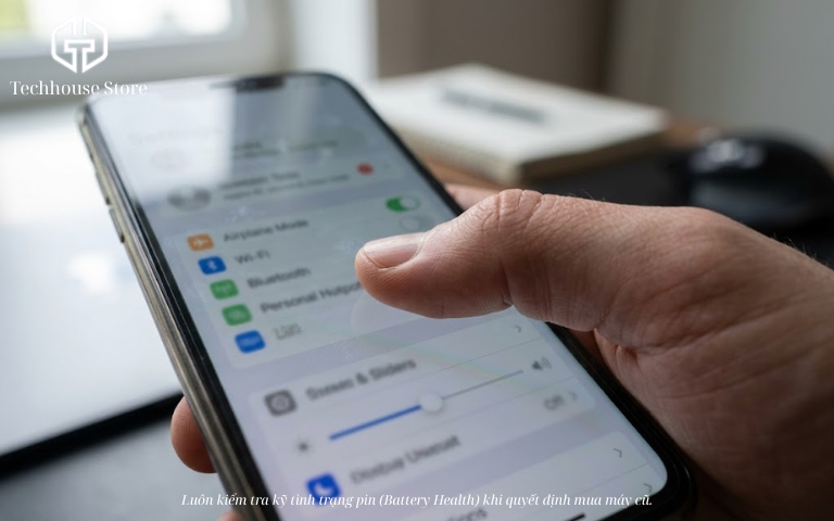 Tổng hợp dung lượng pin iPhone các đời và gợi ý chọn máy phù hợp Cận cảnh bàn tay đang thao tác trên màn hình điện thoại để kiểm tra tình trạng pin thực tế, hướng dẫn cách test máy chuẩn xác.