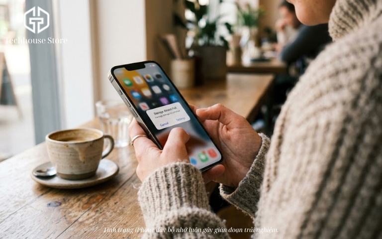 Có mua thêm dung lượng iPhone được không? Phân biệt bộ nhớ máy và iCloud Đôi tay cầm iPhone trong bối cảnh quán cafe, người dùng đang gặp tình trạng thông báo đầy bộ nhớ không thể tải thêm dữ liệu.
