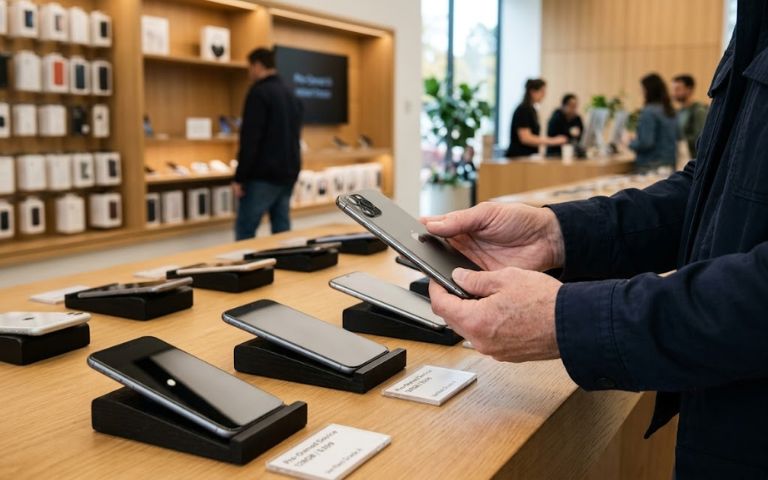 iOS 26 hỗ trợ iPhone nào? Danh sách máy được cập nhật và lời khuyên nâng cấp Khách hàng đang trải nghiệm và kiểm tra các dòng điện thoại iPhone cũ likenew trên bàn trưng bày gỗ tại một cửa hàng bán lẻ công nghệ hiện đại.
