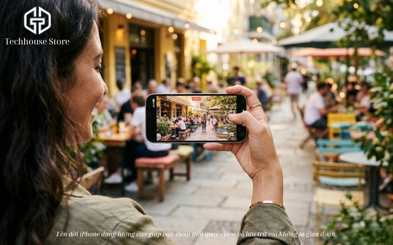 Cách giải phóng dung lượng iPhone nhanh, an toàn và hạn chế mất dữ liệu Một người dùng đang vui vẻ cầm chiếc điện thoại thông minh đời mới quay video phong cảnh ngoài trời, minh họa cho sự thoải mái khi sở hữu thiết bị có dung lượng lưu trữ lớn.