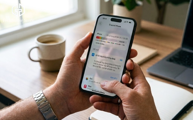 Hướng dẫn kiểm tra dung lượng iPhone chi tiết cho người mới Một người đang cầm điện thoại xem biểu đồ thanh ngang nhiều màu sắc trên màn hình, minh họa các nhóm dữ liệu đang chiếm bộ nhớ như ứng dụng, ảnh và hệ thống.