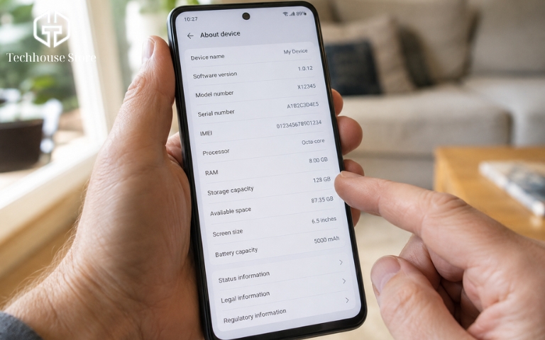 Hướng dẫn kiểm tra dung lượng iPhone chi tiết cho người mới Màn hình điện thoại hiển thị giao diện cài đặt với các dòng thông tin dạng số liệu, minh họa cách xem dung lượng tổng và dung lượng khả dụng trên iPhone.