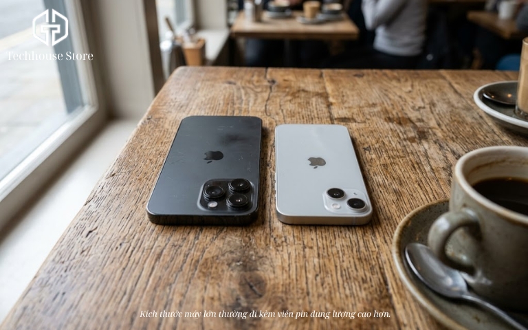 Tổng hợp dung lượng pin iPhone các đời và gợi ý chọn máy phù hợp Hai chiếc điện thoại với kích thước lớn nhỏ khác nhau được đặt cạnh nhau trên mặt bàn gỗ, thể hiện sự khác biệt về thiết kế và không gian chứa pin.