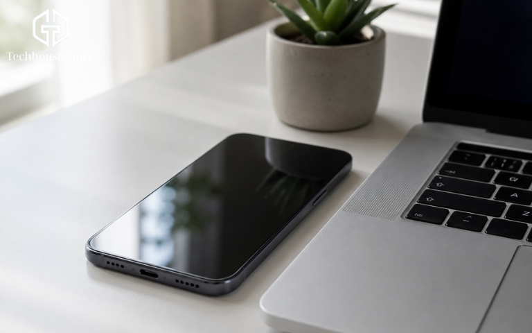Chiếc điện thoại iPhone nằm gọn gàng bên cạnh một chiếc máy tính xách tay màu bạc trên bàn làm việc sáng sủa, thể hiện sự kết nối dữ liệu đám mây.