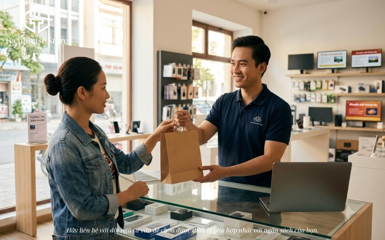 Một nhân viên nam mặc đồng phục lịch sự đang mỉm cười trao một chiếc túi giấy nhỏ cho khách hàng tại quầy kính của một cửa hàng thiết bị điện tử.