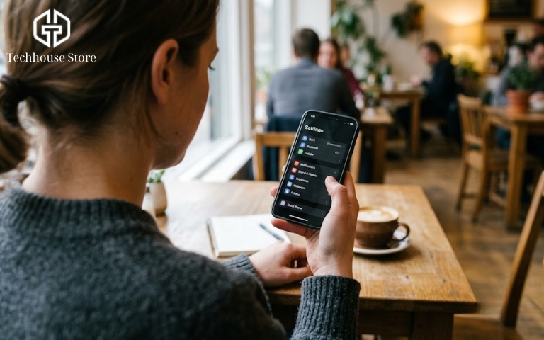 Hướng dẫn kiểm tra dung lượng iPhone chi tiết cho người mới Cận cảnh một người đang cầm iPhone trên tay tại quán cà phê sáng, màn hình hiển thị danh sách cài đặt, ánh sáng tự nhiên hắt vào màn hình sắc nét.
