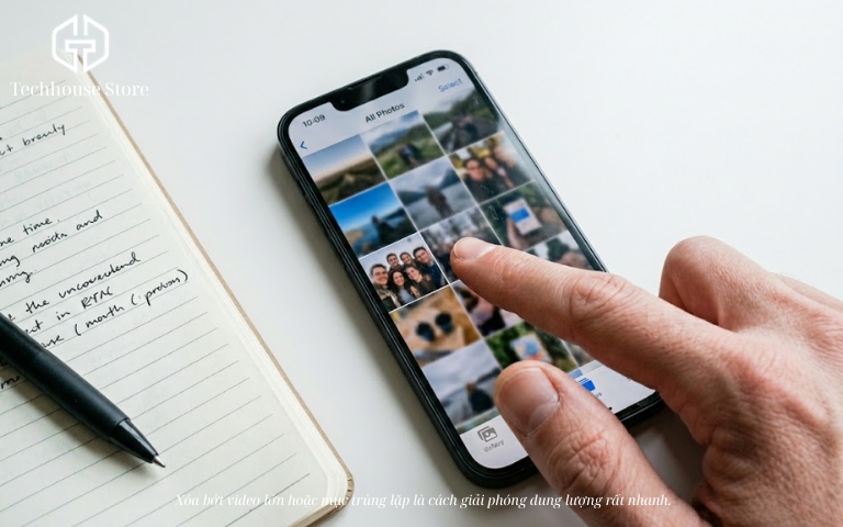 Cách giải phóng dung lượng iPhone nhanh, an toàn và hạn chế mất dữ liệu Ngón tay trỏ của một người đang lướt chạm trên màn hình chiếc điện thoại thông minh đặt trên mặt bàn, màn hình hiển thị lưới các bức ảnh thu nhỏ mô phỏng thư viện hình ảnh.