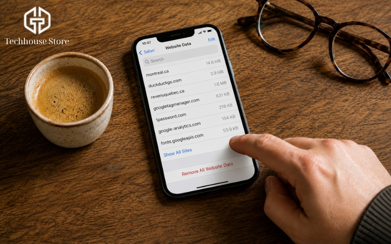 Cận cảnh một ngón tay đang chạm vào màn hình iPhone đặt trên mặt bàn gỗ bên cạnh ly cafe, thao tác dọn dẹp các ứng dụng duyệt web.