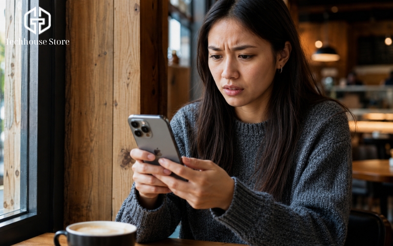 Một người phụ nữ trẻ đang ngồi ở quán cafe, tay cầm chiếc iPhone và lộ vẻ mặt hơi băn khoăn khi kiểm tra thông báo trên màn hình điện thoại.