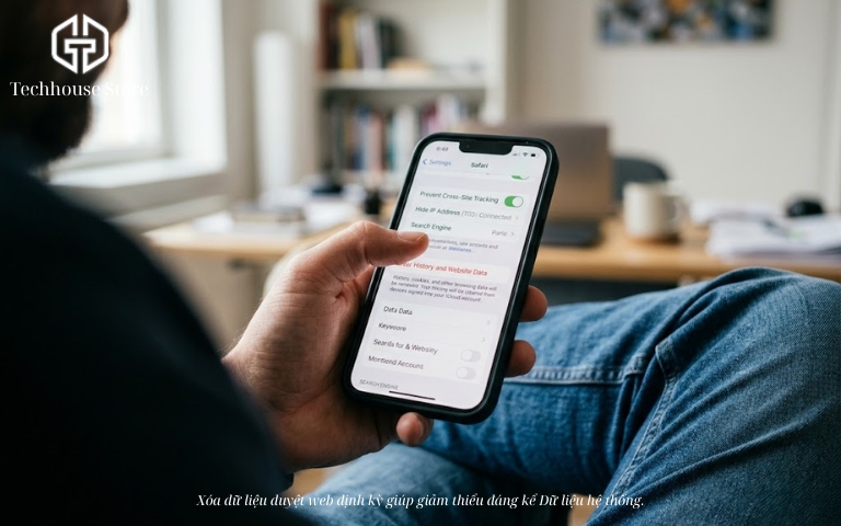 Cách giải phóng dung lượng iPhone nhanh, an toàn và hạn chế mất dữ liệu Chụp cận cảnh ngón tay đang chuẩn bị nhấn vào tùy chọn Xóa lịch sử và dữ liệu trang web trên giao diện Cài đặt của iPhone, giúp dọn dẹp dung lượng hệ thống.