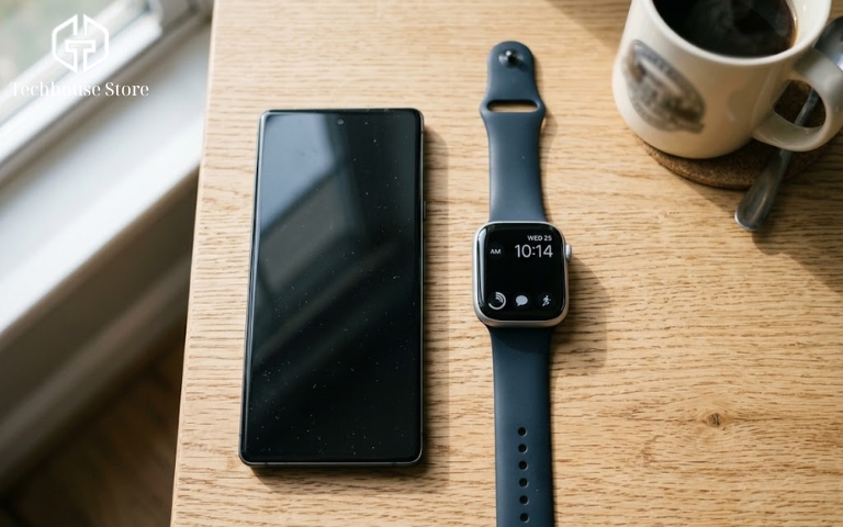 Một chiếc đồng hồ Apple Watch và một chiếc điện thoại thông minh Android đặt cạnh nhau trên bàn làm việc nhưng không kết nối được với nhau.