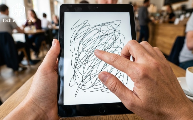iPad giá rẻ dưới 5 triệu: Nên mua mẫu nào năm 2026? Góc nhìn thứ nhất của một bàn tay đang dùng ngón trỏ vẽ nhiều đường nguệch ngoạc màu đen liên tục trên màn hình trắng của iPad để kiểm tra độ nhạy cảm ứng.