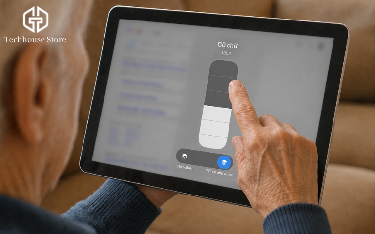 iPad cho người lớn tuổi: Cách chọn máy phù hợp, dễ sử dụng Cận cảnh một bàn tay đang chạm vào màn hình máy tính bảng, thao tác kéo thanh trượt cài đặt để phóng to kích thước chữ hiển thị trên một giao diện cài đặt chung chung.