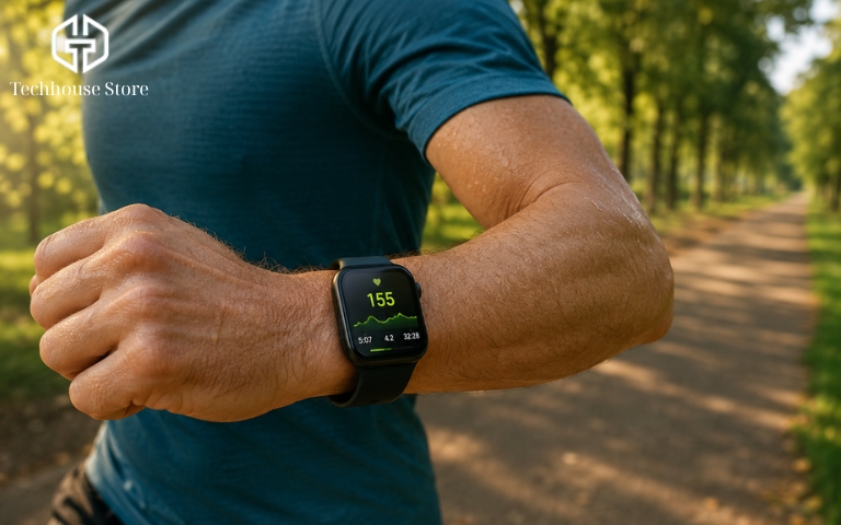 Apple Watch có kết nối được với Android không? Cách dùng và giới hạn cần biết Một người đang chạy bộ ngoài trời công viên, trên cổ tay đeo Apple Watch hiển thị thông số theo dõi bài tập, không cầm theo điện thoại.