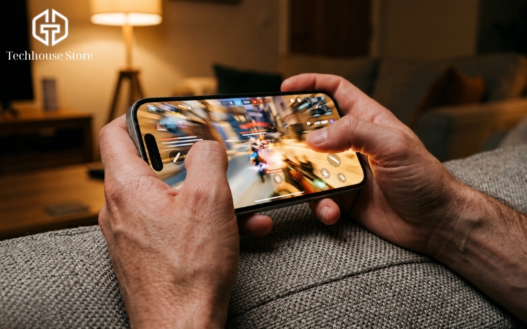 Nên mua iPhone 15 Pro Max hay 16 Pro Max năm 2026? Cận cảnh hai ngón cái đang thao tác trên màn hình một chiếc điện thoại nằm ngang, người chơi đang thư giãn trên ghế sofa vải.