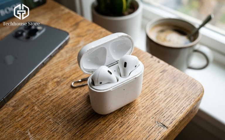 Có nên mua AirPods cũ không? Hướng dẫn kiểm tra và chọn máy chuẩn Một chiếc hộp sạc AirPods cũ đang mở nắp đặt trên mặt bàn gỗ, bên trong là hai tai nghe, bối cảnh ánh sáng tự nhiên chân thực.