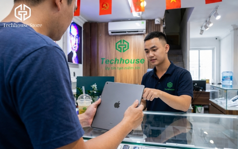 iPad giá rẻ dưới 5 triệu: Nên mua mẫu nào năm 2026? Góc chụp qua vai khách hàng đang đứng tại quầy kính của một cửa hàng điện thoại, tay cầm chiếc iPad cũ lên xem xét kỹ lưỡng dưới sự hướng dẫn của nhân viên.