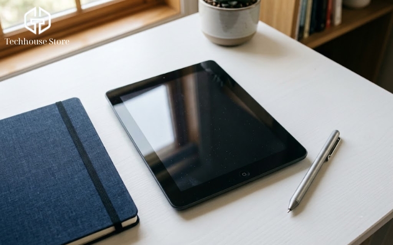 iPad giá rẻ dưới 5 triệu: Nên mua mẫu nào năm 2026? Cận cảnh một chiếc iPad màu xám không gian có viền đen và nút Home vật lý đang được đặt trên mặt bàn làm việc, kế bên là một cuốn sổ.