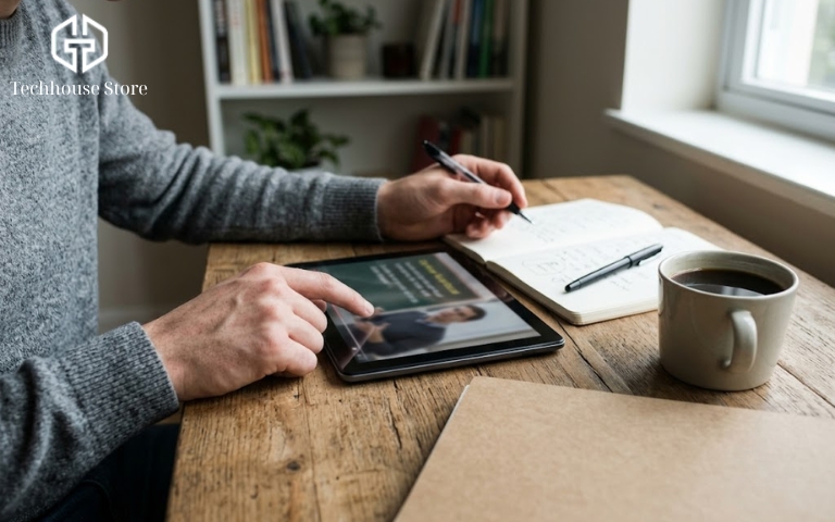 iPad giá rẻ dưới 5 triệu: Nên mua mẫu nào năm 2026? Một sinh viên đang ngồi tại bàn học gỗ, sử dụng iPad để xem video bài giảng và ghi chú, bối cảnh phòng học có ánh sáng tự nhiên.