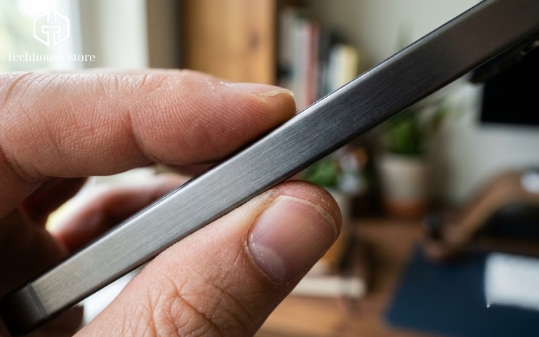 iPhone Quốc Tế Là Gì? Hướng Dẫn Phân Biệt & Kiểm Tra Máy Chuẩn 2026 Chụp cận cảnh cạnh viền bằng kim loại của một chiếc điện thoại thông minh, bề mặt nhẵn bóng hoàn toàn và không có khe cắm SIM vật lý.