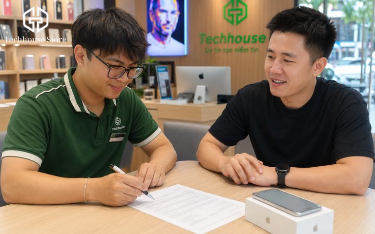 Mua iPhone cũ trả góp tại Hà Nội: cần chuẩn bị những gì? Một khách hàng và nhân viên tư vấn đang ngồi đối diện nhau tại cửa hàng di động hiện đại. Khách hàng đang cầm bút chỉ vào một tờ giấy hợp đồng chung chung trên bàn, bên cạnh là hộp điện thoại.