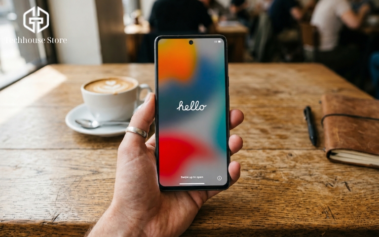iPhone Quốc Tế Là Gì? Hướng Dẫn Phân Biệt & Kiểm Tra Máy Chuẩn 2026 Màn hình điện thoại hiển thị giao diện chào mừng sau khi được khôi phục cài đặt gốc thành công, được cầm bởi một tay trên nền bàn làm việc.