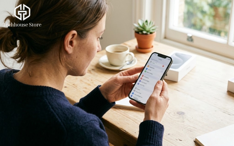 iPhone Quốc Tế Là Gì? Hướng Dẫn Phân Biệt & Kiểm Tra Máy Chuẩn 2026 Một người đang cầm chiếc điện thoại thông minh trên tay để kiểm tra kỹ lưỡng các góc cạnh trước khi mua tại một bàn gỗ sáng màu.