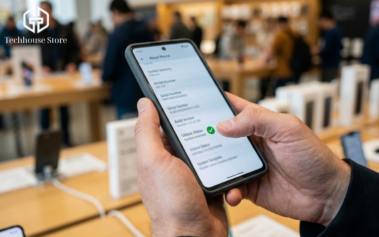 iPhone Quốc Tế Là Gì? Hướng Dẫn Phân Biệt & Kiểm Tra Máy Chuẩn 2026 Cận cảnh bàn tay đang lướt trên màn hình cài đặt của một chiếc điện thoại để kiểm tra thông tin mạng và trạng thái mở khóa.