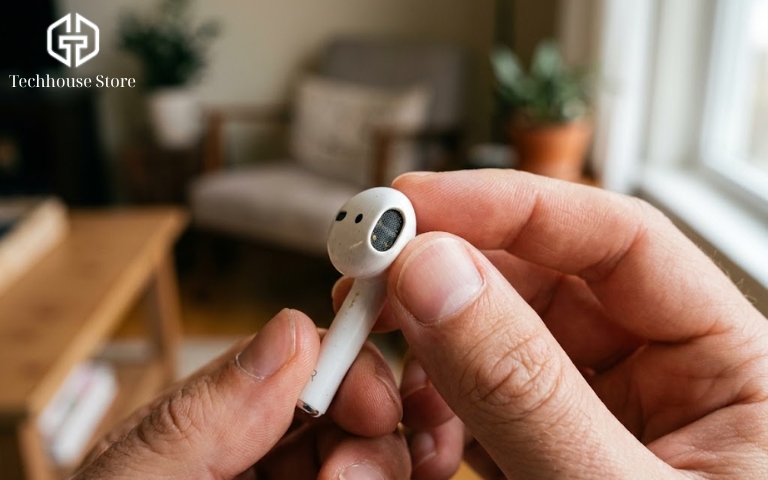 Có nên mua AirPods cũ không? Hướng dẫn kiểm tra và chọn máy chuẩn Cận cảnh đôi bàn tay đang cầm một bên tai nghe AirPods, hướng phần lưới loa màu đen ra vùng có ánh sáng để kiểm tra tình trạng bụi bẩn.