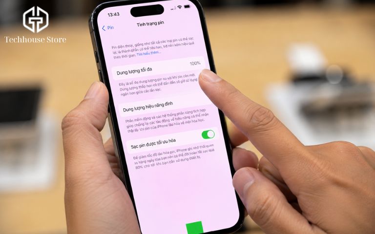 Mua iPhone cũ trả góp tại Hà Nội: cần chuẩn bị những gì? Cận cảnh góc nhìn thứ nhất, một tay đang cầm chiếc điện thoại hiển thị giao diện cài đặt chung chung với thanh trạng thái phần trăm pin, ngón tay cái đang chỉ gần vào con số phần trăm trên màn hình.
