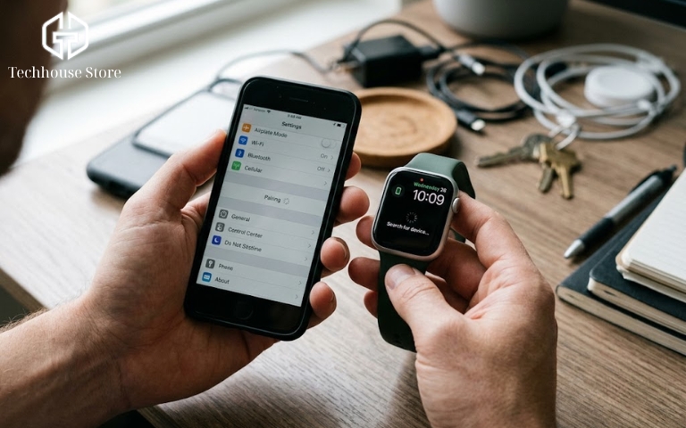 Apple Watch có kết nối được với Android không? Cách dùng và giới hạn cần biết Hai bàn tay đang cầm một chiếc điện thoại iPhone đời cũ có viền dày và một chiếc Apple Watch đời mới để kiểm tra xem hai thiết bị có tương thích kết nối với nhau không.