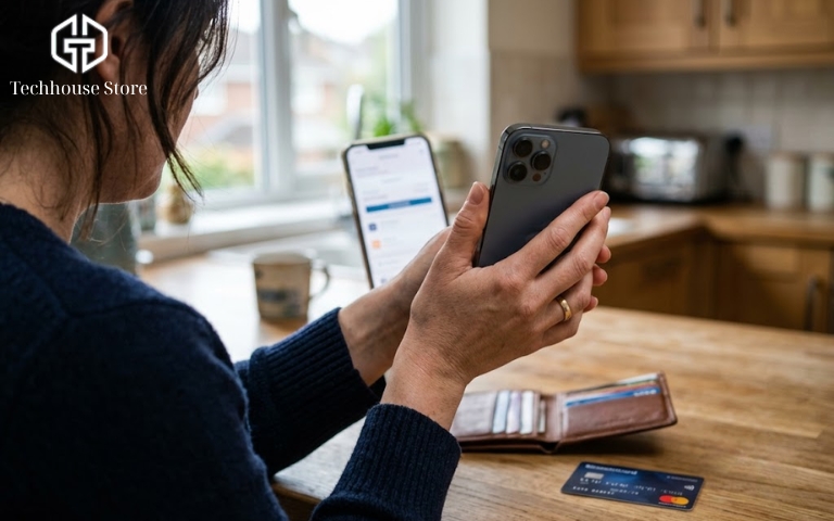 Cách chuyển dữ liệu từ iPhone cũ sang iPhone mới an toàn và đúng kĩ thuật Một người đang cầm chiếc điện thoại trên tay, phía dưới mặt bàn mờ có một chiếc ví và một thẻ ngân hàng vật lý.