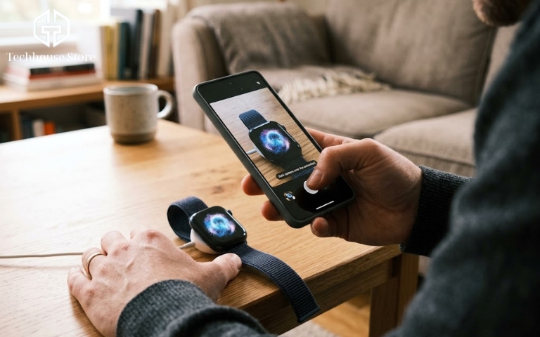 Apple Watch có kết nối được với Android không? Cách dùng và giới hạn cần biết Một chiếc iPhone đang mở ứng dụng Watch, hướng camera quét hình ảnh đám mây hạt trên màn hình Apple Watch để bắt đầu quá trình ghép đôi.