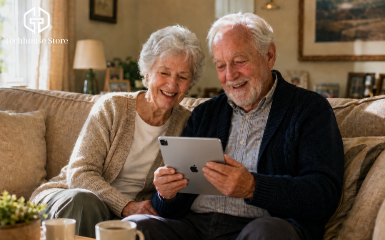 iPad cho người lớn tuổi: Cách chọn máy phù hợp, dễ sử dụng Ông bà lớn tuổi với nụ cười hạnh phúc đang ngồi trên sofa phòng khách, cùng nhau nhìn vào màn hình chiếc máy tính bảng lớn để gọi video cho người thân.