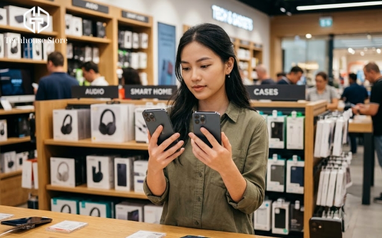 Nên chọn iPhone 128GB hay 256GB? Cách chọn dung lượng đúng theo nhu cầu Một người dùng đang đứng trong cửa hàng công nghệ, hai tay cầm hai chiếc iPhone giống hệt nhau để so sánh trước khi quyết định mua máy.