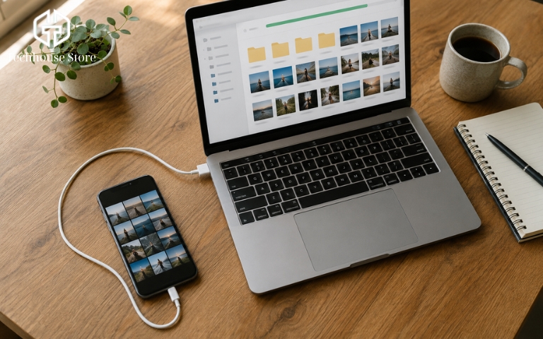 Nên chọn iPhone 128GB hay 256GB? Cách chọn dung lượng đúng theo nhu cầu Điện thoại thông minh đang được đặt cạnh một chiếc laptop trên bàn làm việc, màn hình laptop hiển thị giao diện các thư mục ảnh đang được đồng bộ.