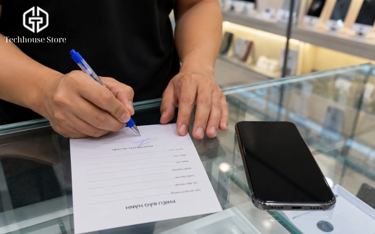 iPhone Quốc Tế Là Gì? Hướng Dẫn Phân Biệt & Kiểm Tra Máy Chuẩn 2026 Một người đang cầm bút ký lên một tờ giấy biên nhận mua hàng được đặt cạnh một chiếc điện thoại thông minh trên quầy kính của cửa hàng công nghệ.