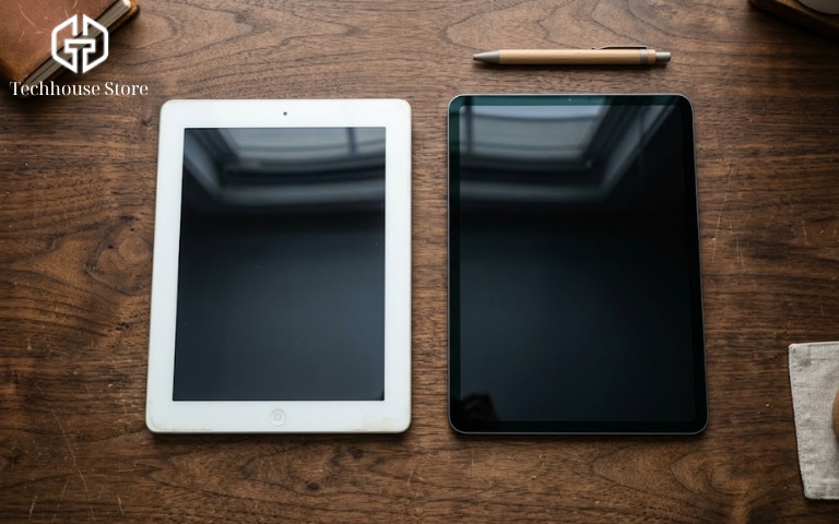 iPad cho người lớn tuổi: Cách chọn máy phù hợp, dễ sử dụng Hai chiếc máy tính bảng đặt cạnh nhau trên mặt bàn. Máy bên trái có viền màn hình dày và nút vật lý, máy bên phải có viền mỏng, màn hình tràn viền hiện đại.