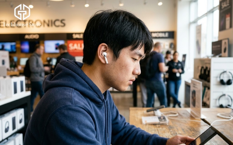 Có nên mua AirPods cũ không? Hướng dẫn kiểm tra và chọn máy chuẩn Góc chụp nghiêng một thanh niên đang đeo tai nghe AirPods màu trắng trên tai, ánh mắt tập trung nhìn vào điện thoại để kiểm tra âm thanh và thời lượng pin.