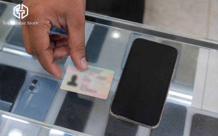 Mua iPhone cũ trả góp tại Hà Nội: cần chuẩn bị những gì? Khách hàng đang đặt một tấm thẻ căn cước (được làm mờ thông tin) cạnh chiếc điện thoại trên mặt bàn kính tại cửa hàng di động để làm thủ tục trả góp.