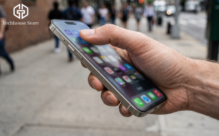 Nên mua iPhone 15 Pro Max hay 16 Pro Max năm 2026? Bàn tay người đang cầm một chiếc điện thoại thông minh kích thước lớn, ngón cái đang vươn dài cố gắng chạm vào góc trên của màn hình trên nền đường phố bê tông.