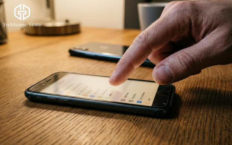 Cách chuyển dữ liệu từ iPhone cũ sang iPhone mới an toàn và đúng kĩ thuật Cận cảnh một ngón tay đang chuẩn bị chạm vào màn hình cảm ứng của một chiếc điện thoại thông minh đặt trên mặt bàn, góc chụp từ trên xuống.