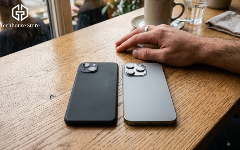 7 triệu nên mua iPhone nào? Gợi ý lựa chọn đáng cân nhắc hiện nay Hai chiếc điện thoại thông minh nằm cạnh nhau trên mặt bàn gỗ, một chiếc có 2 camera chéo và một chiếc có 3 camera, đại diện cho các lựa chọn iPhone trong tầm giá 7 triệu. Chú thích: iPhone 13 và iPhone 12 Pro là hai ứng viên sáng giá nhất trong tầm giá.