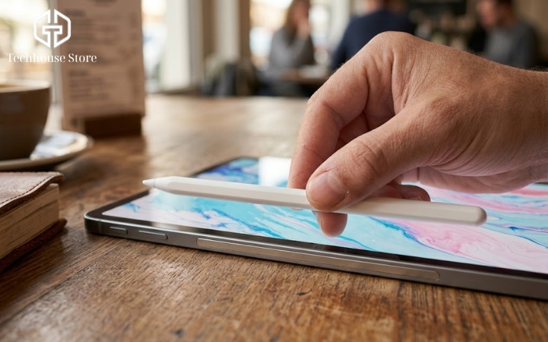 So sánh iPad Air 4 và iPad Gen 9: đâu là lựa chọn phù hợp với bạn? Bàn tay đang đặt chiếc bút cảm ứng Apple Pencil màu trắng gắn vào cạnh từ tính phẳng của chiếc iPad Air 4 màu xám.
