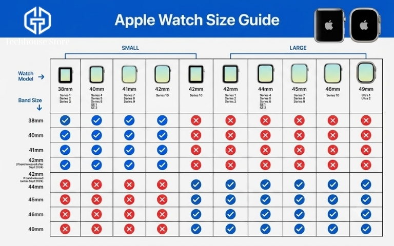 Cách chọn size Apple Watch theo cổ tay: 40, 41, 42, 44, 45, 46 hay 49mm? Apple Watch size guide comparing case sizes and compatible band size groups.