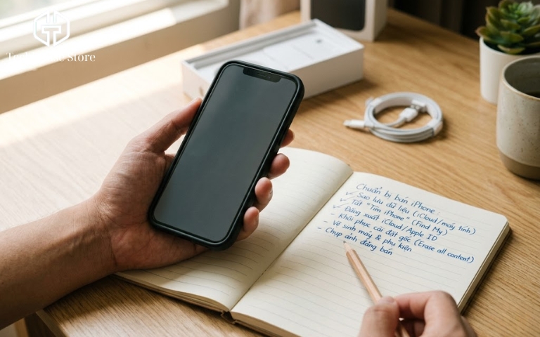 Cận cảnh góc nhìn người thứ nhất (POV), một người cầm iPhone trên tay, trước mặt là cuốn sổ tay có danh sách các việc cần làm ghi bằng bút mực và một cây bút chì.