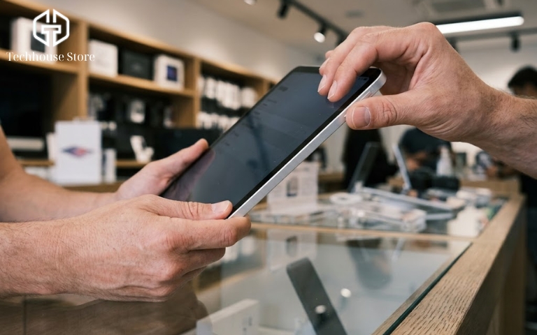 Cận cảnh bàn tay một người đang cầm chiếc iPad để kiểm tra tình trạng máy tại quầy kính trưng bày trong một cửa hàng công nghệ sáng sủa.